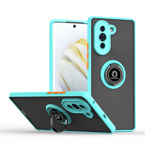 Silicone Matte Finish and Plastic Back Cover Case with Magnetic Finger Ring Stand QW2 for Huawei Nova 10 Cyan