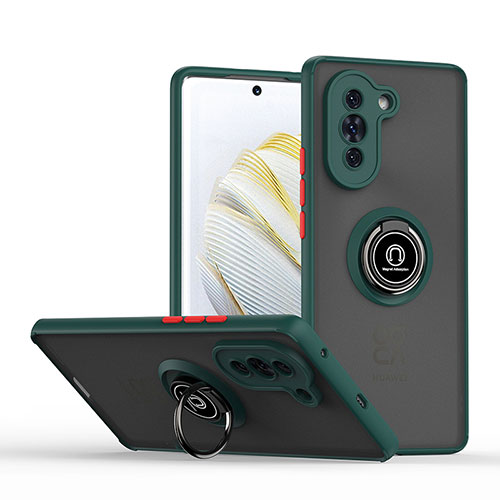 Silicone Matte Finish and Plastic Back Cover Case with Magnetic Finger Ring Stand QW2 for Huawei Nova 10 Midnight Green