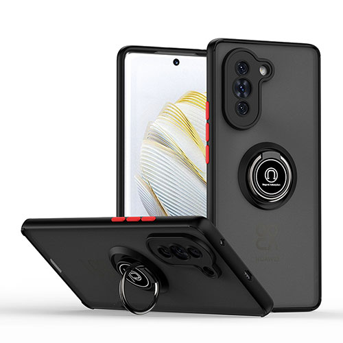 Silicone Matte Finish and Plastic Back Cover Case with Magnetic Finger Ring Stand QW2 for Huawei Nova 10 Red and Black