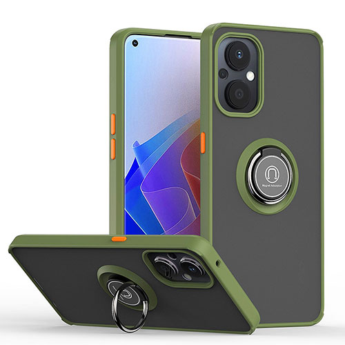 Silicone Matte Finish and Plastic Back Cover Case with Magnetic Finger Ring Stand QW2 for OnePlus Nord N20 5G Army green