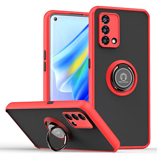 Silicone Matte Finish and Plastic Back Cover Case with Magnetic Finger Ring Stand QW2 for Oppo F21 Pro 4G Red