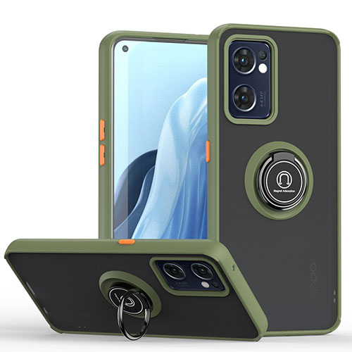 Silicone Matte Finish and Plastic Back Cover Case with Magnetic Finger Ring Stand QW2 for Oppo Find X5 Lite 5G Army green