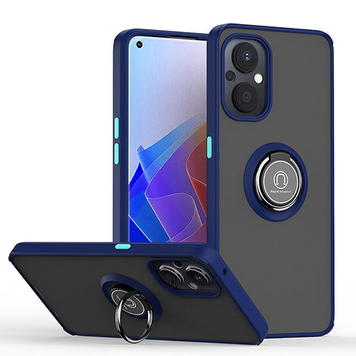 Silicone Matte Finish and Plastic Back Cover Case with Magnetic Finger Ring Stand QW2 for Oppo Reno7 Lite 5G Blue