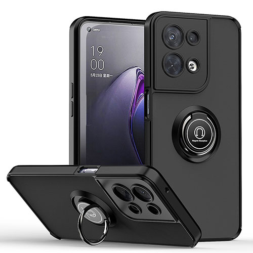 Silicone Matte Finish and Plastic Back Cover Case with Magnetic Finger Ring Stand QW2 for Oppo Reno9 Pro+ Plus 5G Black