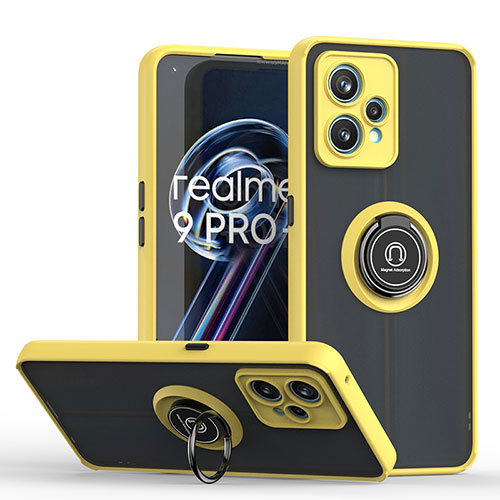 Silicone Matte Finish and Plastic Back Cover Case with Magnetic Finger Ring Stand QW2 for Realme 9 4G Yellow