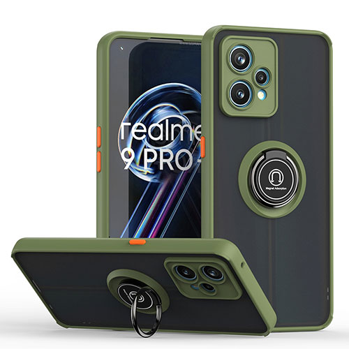 Silicone Matte Finish and Plastic Back Cover Case with Magnetic Finger Ring Stand QW2 for Realme 9 Pro+ Plus 5G Army green