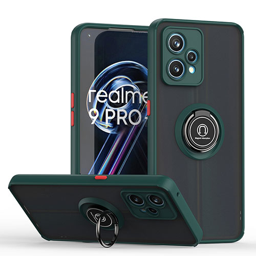 Silicone Matte Finish and Plastic Back Cover Case with Magnetic Finger Ring Stand QW2 for Realme 9 Pro+ Plus 5G Midnight Green