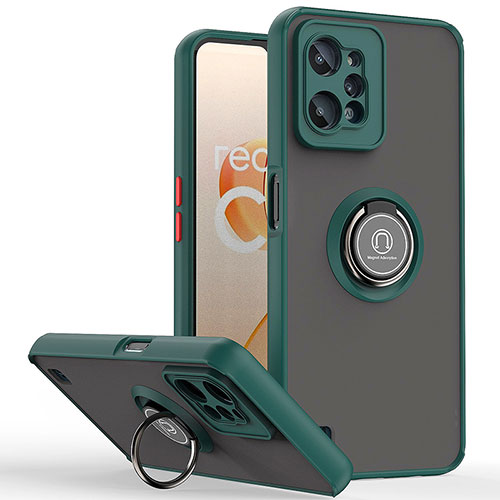 Silicone Matte Finish and Plastic Back Cover Case with Magnetic Finger Ring Stand QW2 for Realme C31 Midnight Green