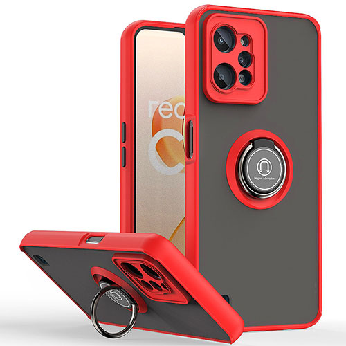 Silicone Matte Finish and Plastic Back Cover Case with Magnetic Finger Ring Stand QW2 for Realme C31 Red