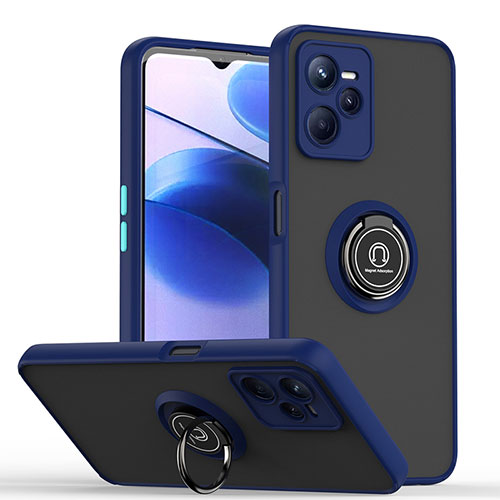 Silicone Matte Finish and Plastic Back Cover Case with Magnetic Finger Ring Stand QW2 for Realme C35 Blue