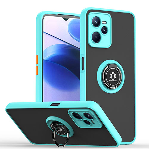 Silicone Matte Finish and Plastic Back Cover Case with Magnetic Finger Ring Stand QW2 for Realme C35 Cyan