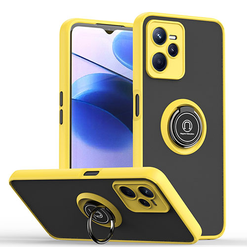 Silicone Matte Finish and Plastic Back Cover Case with Magnetic Finger Ring Stand QW2 for Realme Narzo 50A Prime Yellow