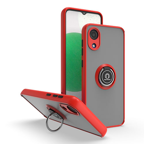 Silicone Matte Finish and Plastic Back Cover Case with Magnetic Finger Ring Stand QW2 for Samsung Galaxy A03 Core Red