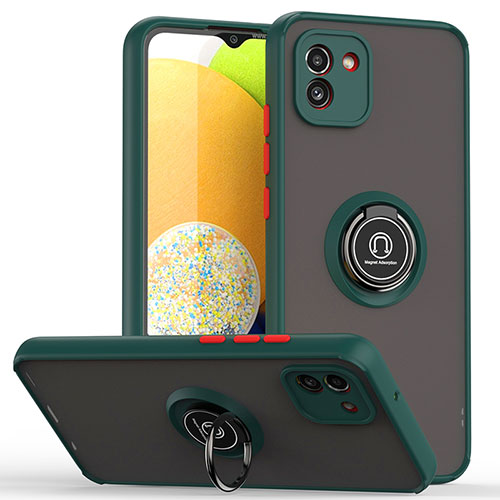 Silicone Matte Finish and Plastic Back Cover Case with Magnetic Finger Ring Stand QW2 for Samsung Galaxy A03 Midnight Green