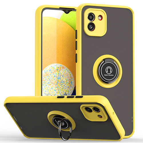 Silicone Matte Finish and Plastic Back Cover Case with Magnetic Finger Ring Stand QW2 for Samsung Galaxy A03 Yellow