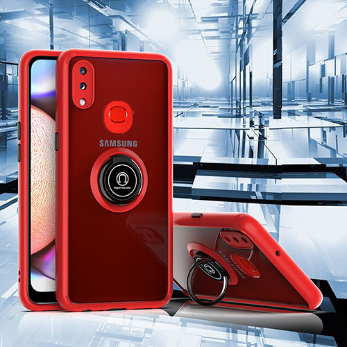 Silicone Matte Finish and Plastic Back Cover Case with Magnetic Finger Ring Stand QW2 for Samsung Galaxy A10s Red