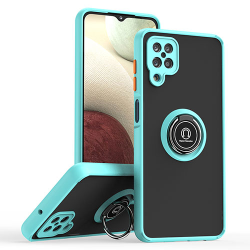 Silicone Matte Finish and Plastic Back Cover Case with Magnetic Finger Ring Stand QW2 for Samsung Galaxy A12 5G Cyan