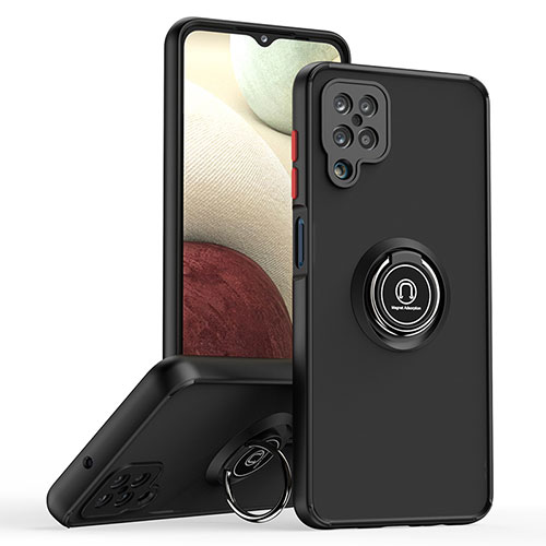 Silicone Matte Finish and Plastic Back Cover Case with Magnetic Finger Ring Stand QW2 for Samsung Galaxy A12 Nacho Red and Black