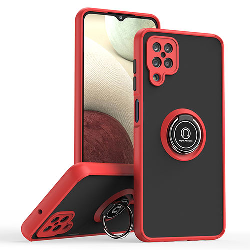 Silicone Matte Finish and Plastic Back Cover Case with Magnetic Finger Ring Stand QW2 for Samsung Galaxy A12 Red