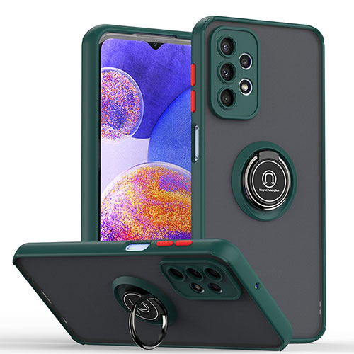 Silicone Matte Finish and Plastic Back Cover Case with Magnetic Finger Ring Stand QW2 for Samsung Galaxy A23 4G Midnight Green