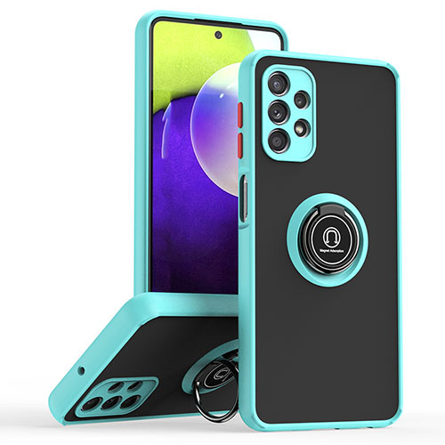 Silicone Matte Finish and Plastic Back Cover Case with Magnetic Finger Ring Stand QW2 for Samsung Galaxy A32 5G Cyan