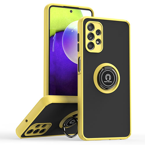 Silicone Matte Finish and Plastic Back Cover Case with Magnetic Finger Ring Stand QW2 for Samsung Galaxy A32 5G Yellow