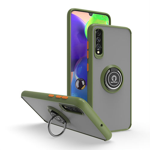 Silicone Matte Finish and Plastic Back Cover Case with Magnetic Finger Ring Stand QW2 for Samsung Galaxy A70S Army green