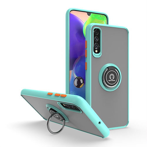 Silicone Matte Finish and Plastic Back Cover Case with Magnetic Finger Ring Stand QW2 for Samsung Galaxy A70S Cyan