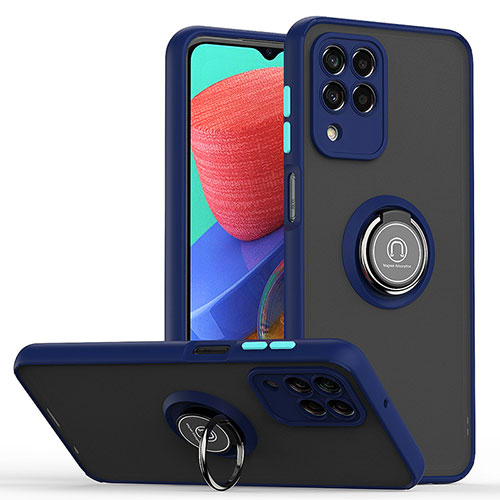 Silicone Matte Finish and Plastic Back Cover Case with Magnetic Finger Ring Stand QW2 for Samsung Galaxy M33 5G Blue