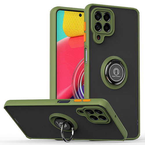 Silicone Matte Finish and Plastic Back Cover Case with Magnetic Finger Ring Stand QW2 for Samsung Galaxy M53 5G Army green