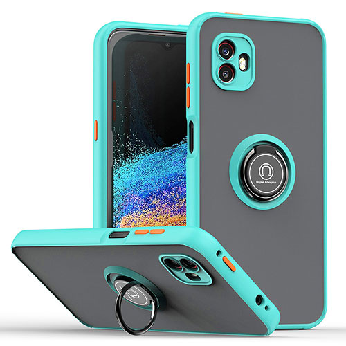 Silicone Matte Finish and Plastic Back Cover Case with Magnetic Finger Ring Stand QW2 for Samsung Galaxy XCover 6 Pro 5G Cyan