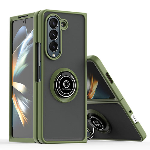 Silicone Matte Finish and Plastic Back Cover Case with Magnetic Finger Ring Stand QW2 for Samsung Galaxy Z Fold5 5G Army green