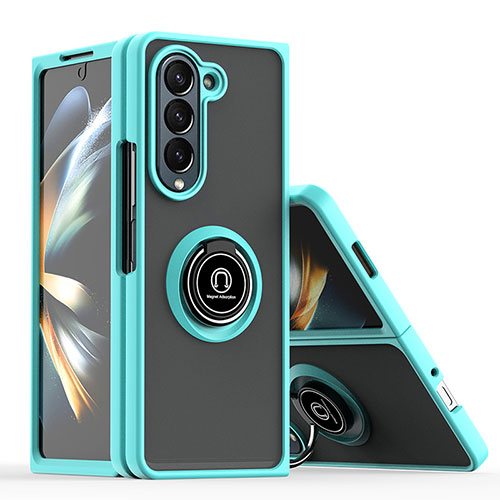 Silicone Matte Finish and Plastic Back Cover Case with Magnetic Finger Ring Stand QW2 for Samsung Galaxy Z Fold5 5G Cyan