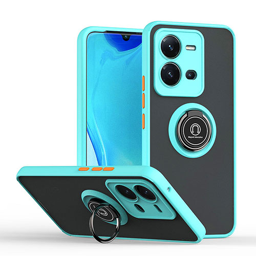 Silicone Matte Finish and Plastic Back Cover Case with Magnetic Finger Ring Stand QW2 for Vivo V25e Cyan