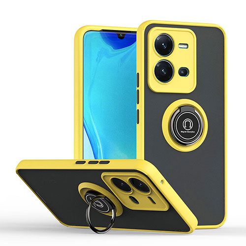 Silicone Matte Finish and Plastic Back Cover Case with Magnetic Finger Ring Stand QW2 for Vivo V25e Yellow