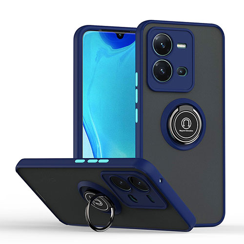 Silicone Matte Finish and Plastic Back Cover Case with Magnetic Finger Ring Stand QW2 for Vivo X80 Lite 5G Blue