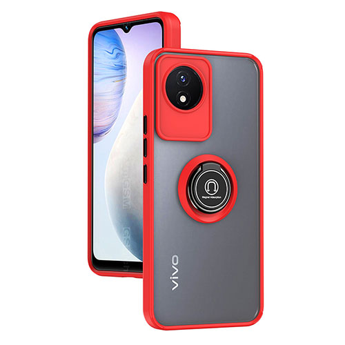 Silicone Matte Finish and Plastic Back Cover Case with Magnetic Finger Ring Stand QW2 for Vivo Y02 Red