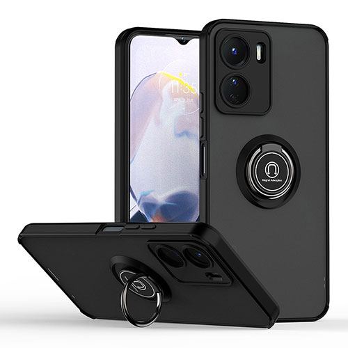 Silicone Matte Finish and Plastic Back Cover Case with Magnetic Finger Ring Stand QW2 for Vivo Y16 Black