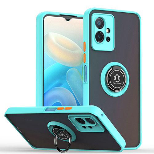 Silicone Matte Finish and Plastic Back Cover Case with Magnetic Finger Ring Stand QW2 for Vivo Y75 5G Cyan