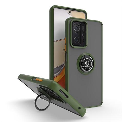 Silicone Matte Finish and Plastic Back Cover Case with Magnetic Finger Ring Stand QW2 for Xiaomi Mi 11T Pro 5G Army green