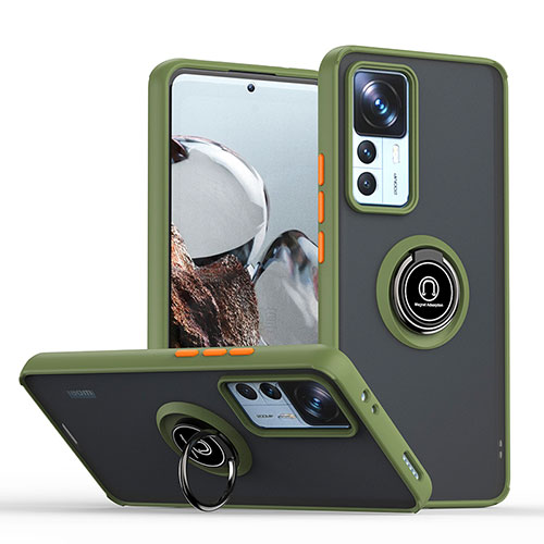 Silicone Matte Finish and Plastic Back Cover Case with Magnetic Finger Ring Stand QW2 for Xiaomi Mi 12T 5G Army green