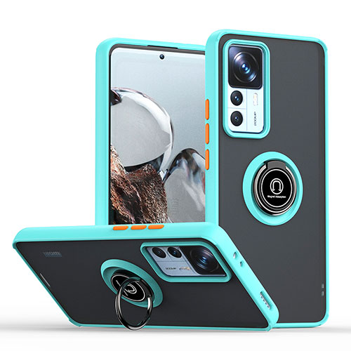 Silicone Matte Finish and Plastic Back Cover Case with Magnetic Finger Ring Stand QW2 for Xiaomi Mi 12T 5G Cyan