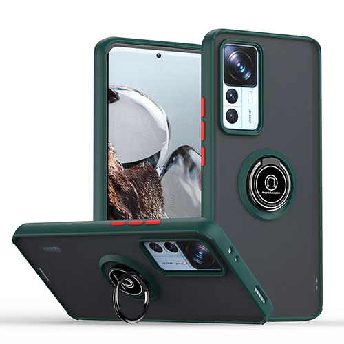 Silicone Matte Finish and Plastic Back Cover Case with Magnetic Finger Ring Stand QW2 for Xiaomi Mi 12T 5G Midnight Green