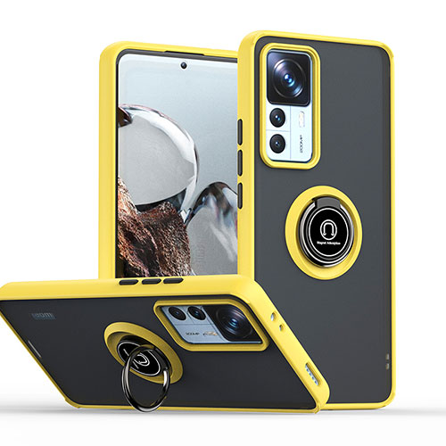 Silicone Matte Finish and Plastic Back Cover Case with Magnetic Finger Ring Stand QW2 for Xiaomi Mi 12T 5G Yellow