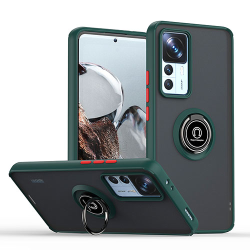 Silicone Matte Finish and Plastic Back Cover Case with Magnetic Finger Ring Stand QW2 for Xiaomi Mi 12T Pro 5G Midnight Green