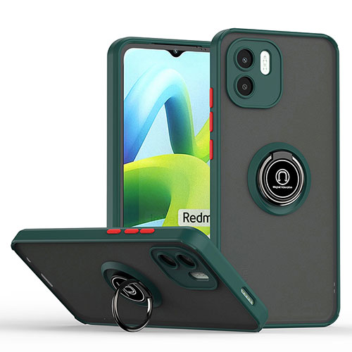 Silicone Matte Finish and Plastic Back Cover Case with Magnetic Finger Ring Stand QW2 for Xiaomi Poco C50 Midnight Green