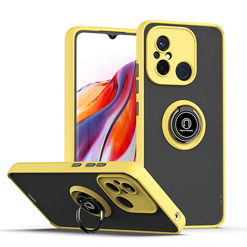 Silicone Matte Finish and Plastic Back Cover Case with Magnetic Finger Ring Stand QW2 for Xiaomi Poco C55 Yellow