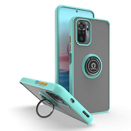 Silicone Matte Finish and Plastic Back Cover Case with Magnetic Finger Ring Stand QW2 for Xiaomi Poco M5S Cyan