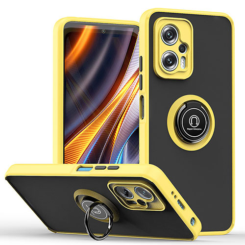 Silicone Matte Finish and Plastic Back Cover Case with Magnetic Finger Ring Stand QW2 for Xiaomi Poco X4 GT 5G Yellow