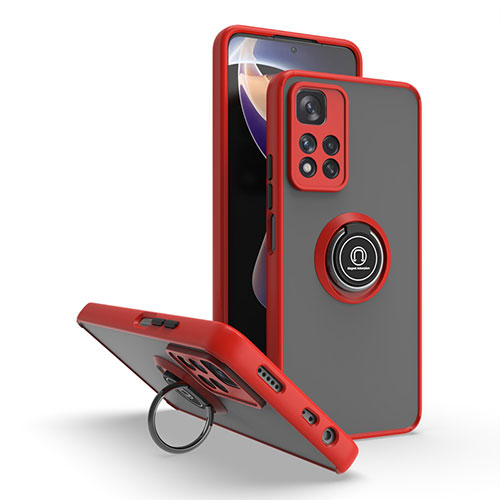 Silicone Matte Finish and Plastic Back Cover Case with Magnetic Finger Ring Stand QW2 for Xiaomi Poco X4 NFC Red